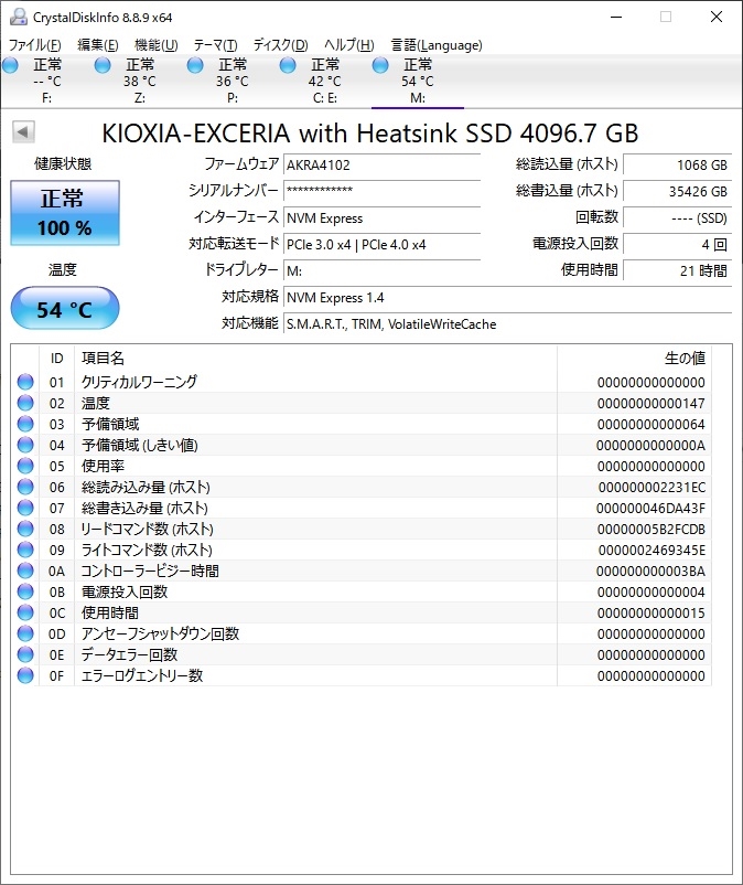 価格 35TB書き込み後CrystalDiskInfoキオクシア EXCERIA with Heatsink SSD CK4