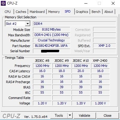 価格.com - 『CPU-Z』crucial BLS2K8G4D240FSB [DDR4 PC4-19200
