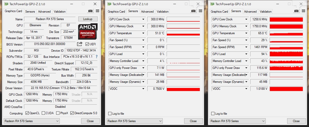 価格.com - 『GPUZ 左：スペック 中央：アイドル 右：負荷』MSI Radeon