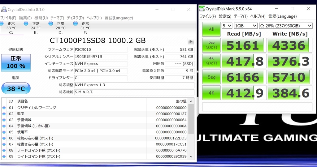 価格.com - crucial P1 CT1000P1SSD8JP Sonyvspanaさんのレビュー・評価投稿画像・写真「高性能SSD最高