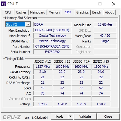 価格.com - 『CPU-Z SPD表示画面』CFD Selection W4U3200CM-16GR [DDR4 PC4-25600 16GB 2枚組]  Nikomat1989さんのレビュー・評価投稿画像・写真「メモリ価格値上がりのニュースを見て」[568063]