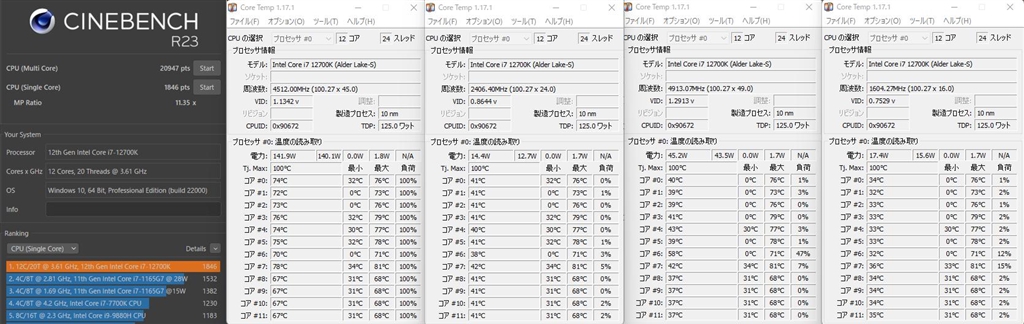 価格 Com 142w制限 Single計測 温度は 左側のcinebench側がmulti 右側がsingleです インテル Core I7 k Box さくらのはなびらさんのレビュー 評価投稿画像 写真 I5 k I7 kに変更 さすがに温度 が 6257