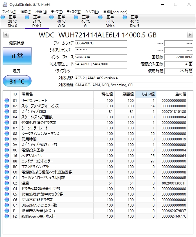 価格.com - 『CrystalDiskInfo』WESTERN DIGITAL WUH721414ALE6L4 [14TB SATA600 ...