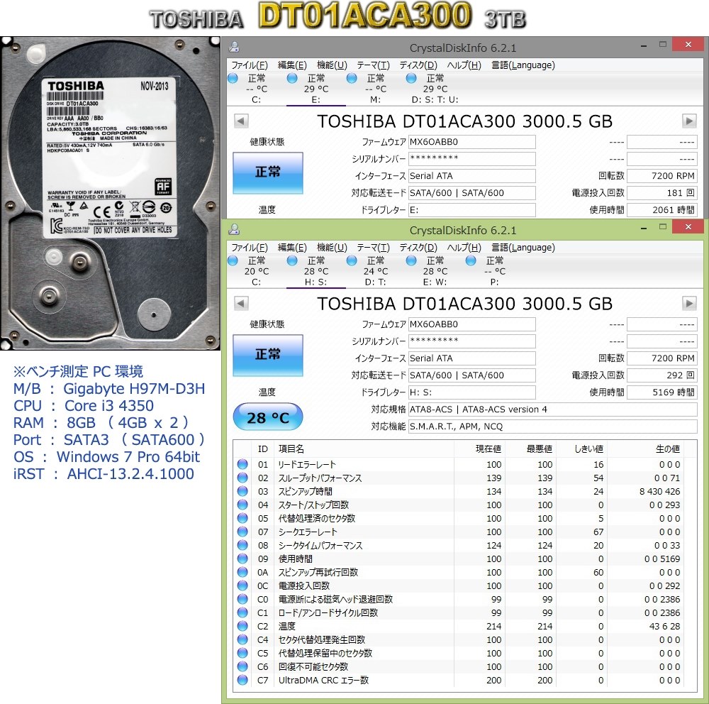 東芝第3幕-2：東芝3TB・ＷＤ3TB比較』 東芝 DT01ACA300 [3TB SATA600 