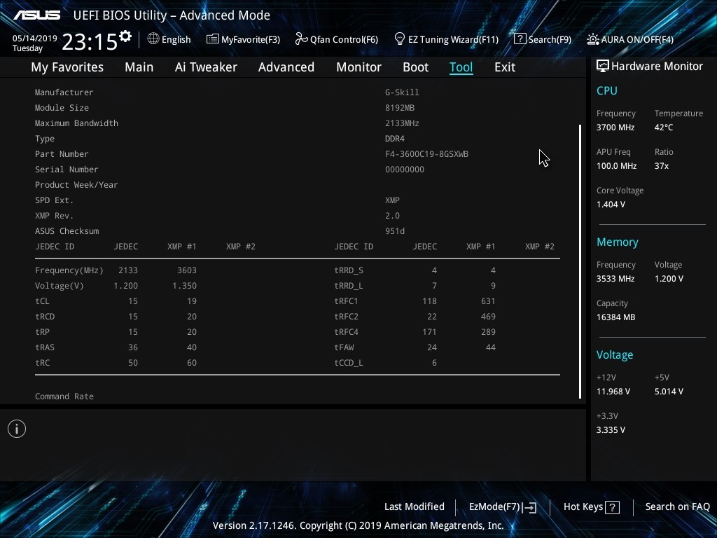 コスパ良し』 G.Skill F4-3600C19D-16GSXWB [DDR4 PC4-28800 8GB 2枚組