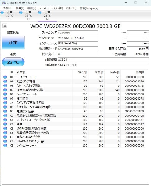WD製HDD WD20EZRX 2TB  使用頻度、使用時間　小　(*^^*