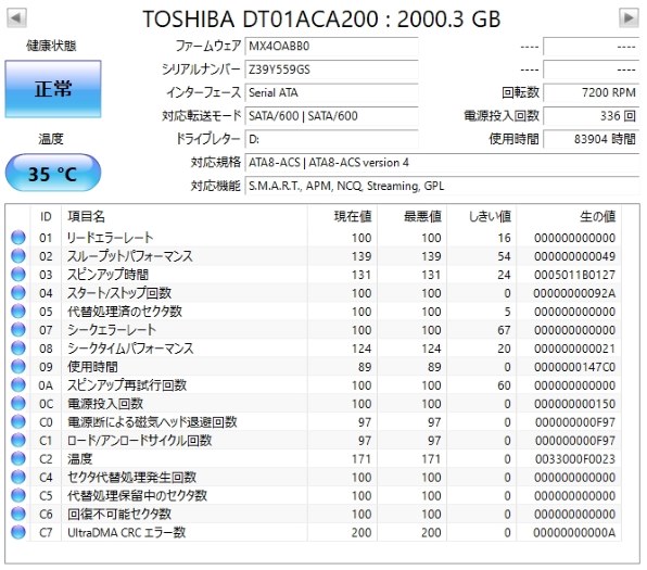 仕様TOSHIBA製HDD　DT01ACA200　2TB SATA600 7200